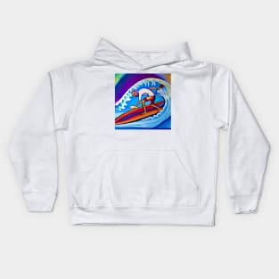 Surfer catching a wave and a fish Kids Hoodie